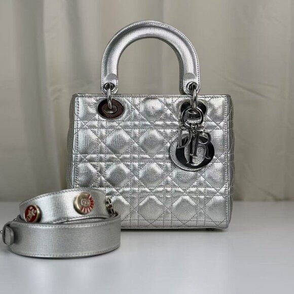Dior Silver Leather Medium Lady Dior Shoulder Bag with Quilted Design - Picture 1 of 12